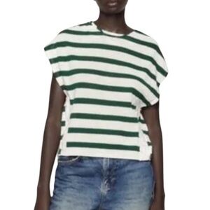 Zara Green & Cream Striped Rustic Button Detail Knit Sweater Tee - M